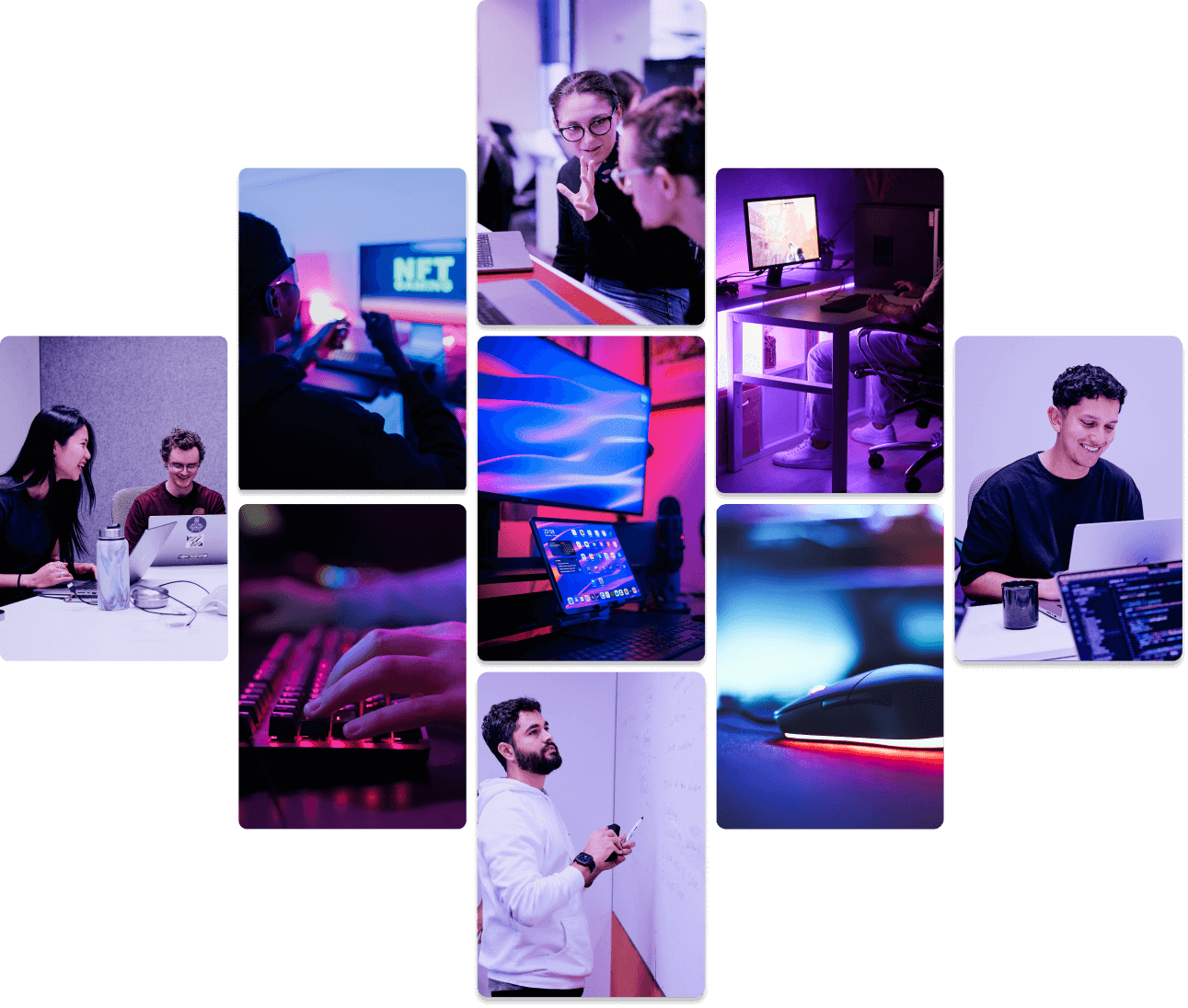 A collage of game developers and gamers working on, and playing, web3 games