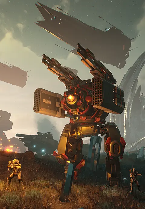 A gigantic robot on the battlefield with spacecraft soaring in the sky.