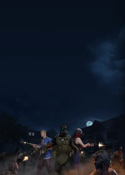 Three animated characters are engaged in shooting zombies.